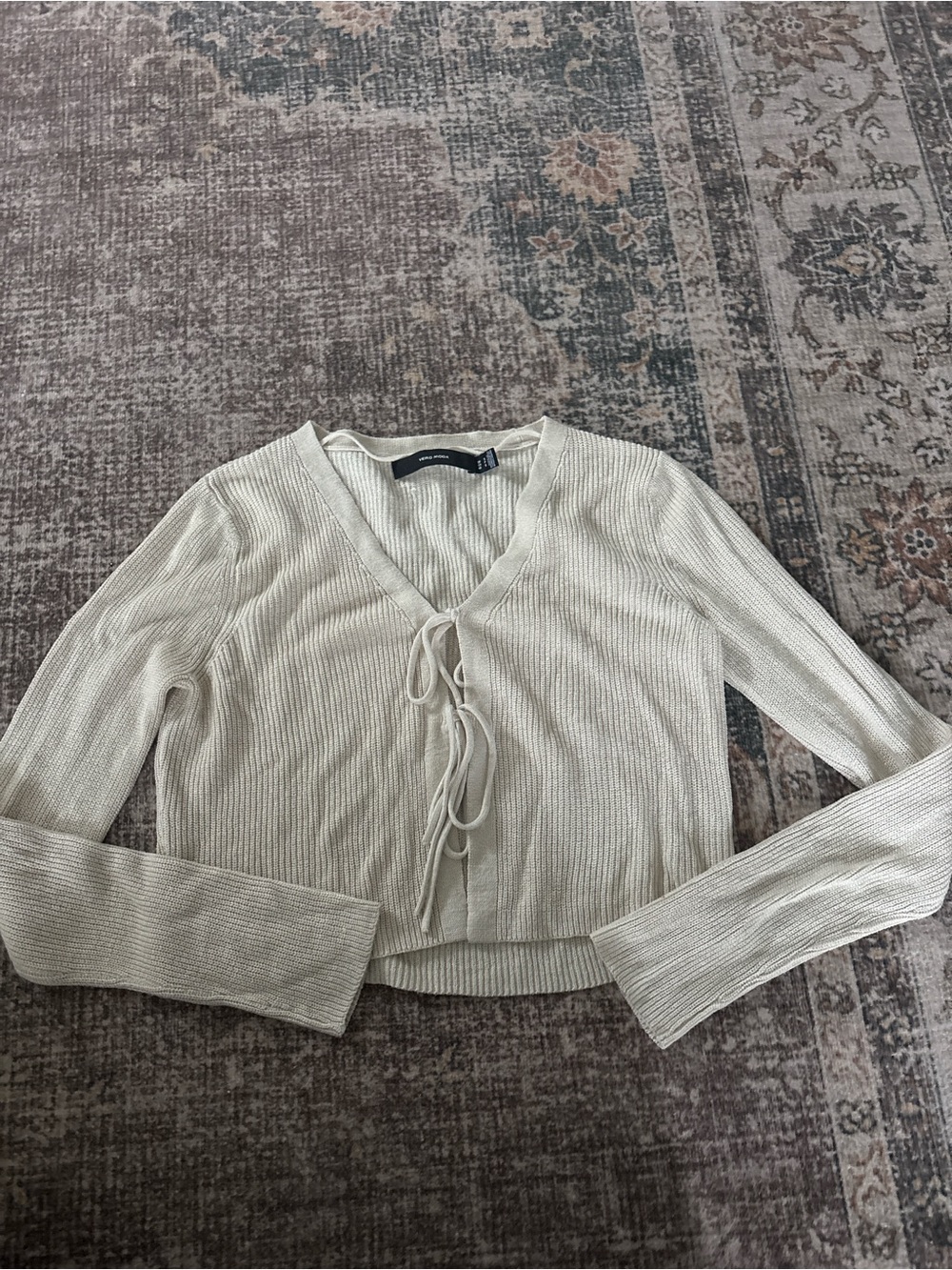 Vero Moda Cream Ribbed Tie-Front Crop Sweater